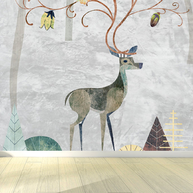 Grey Deer Wall Paper Mural Moisture Resistant Cartoon Kids Bedroom Wall Covering