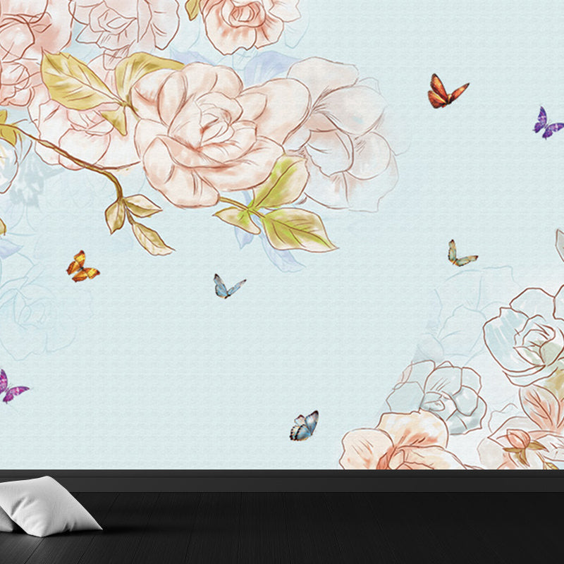 Contemporary Flower Branch Wall Mural Soft Color Decorative Wall Art for Living Room