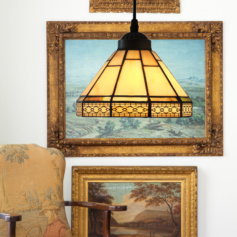 Cone Hanging Light Fixture Mission Cut Glass 8"/12"/16" W 1 Light Antique Brass Suspension Pendant for Living Room