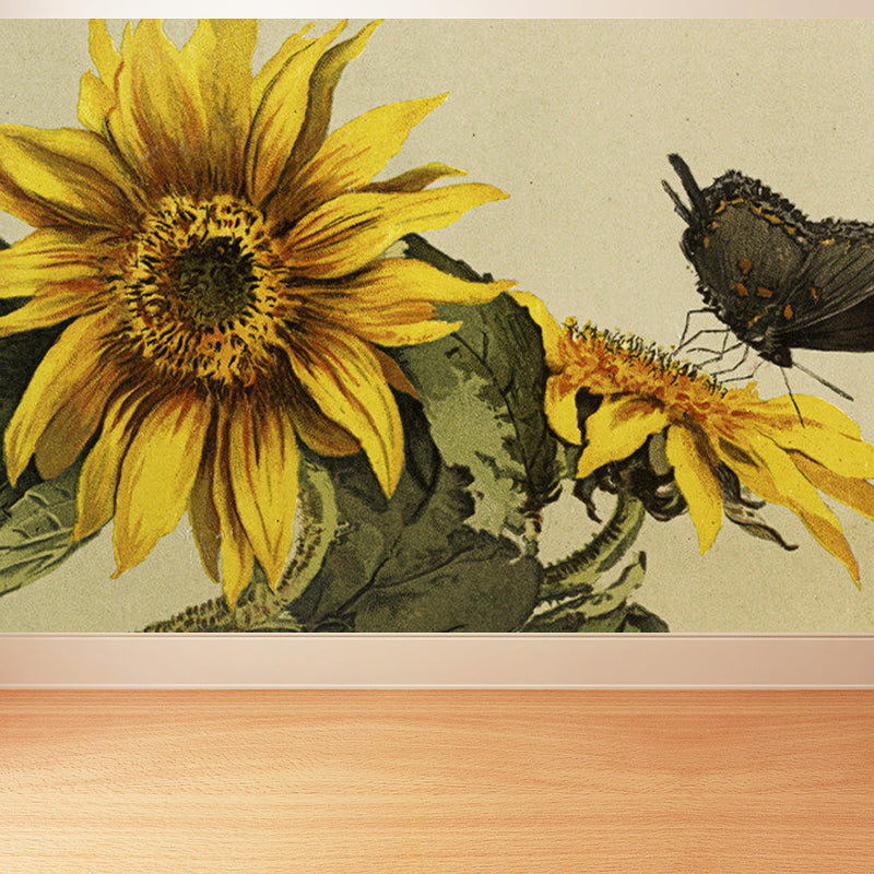 Large Sunflower and Butterfly Mural Contemporary Florentine Scene Wall Decor in Brown