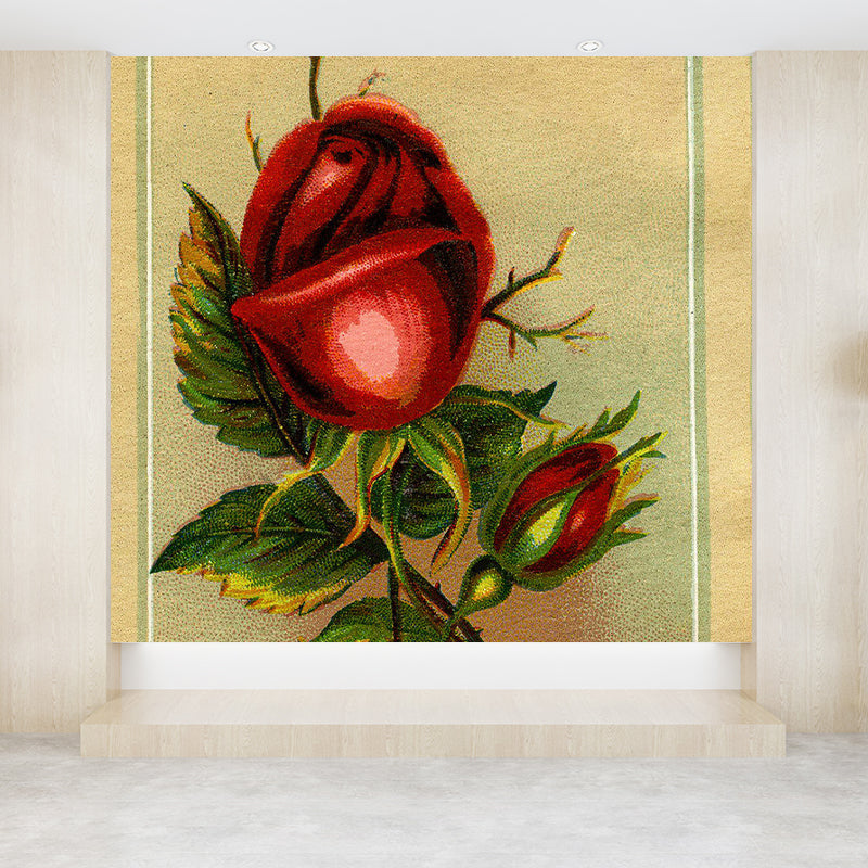 Red Rose Blossom Mural Decal Moisture-Proofing Modern Girls Bedroom Wall Covering