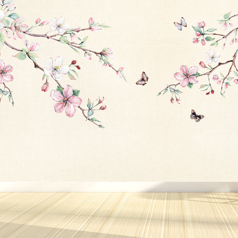 Hand Printed Peach Blossom Mural Wallpaper Modern Non-Woven Wall Covering in Pink