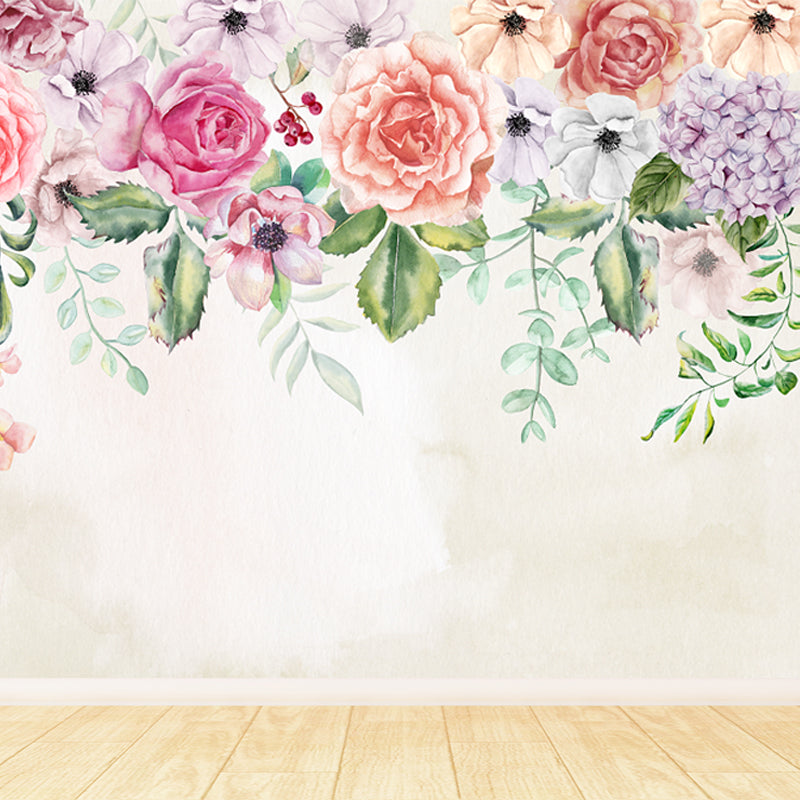 Pink Flowers Blossom Mural Decal Stain Resistant Modernist Bedroom Wall Covering