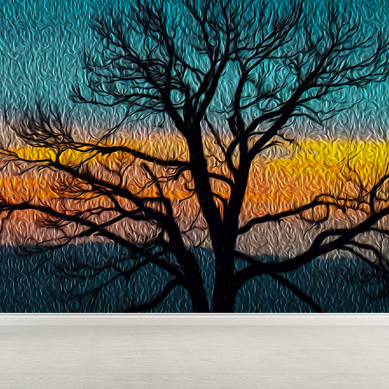 Modern Bare Tree Scenery Mural Decal Blue Waterproofing Wall Covering for Bedroom