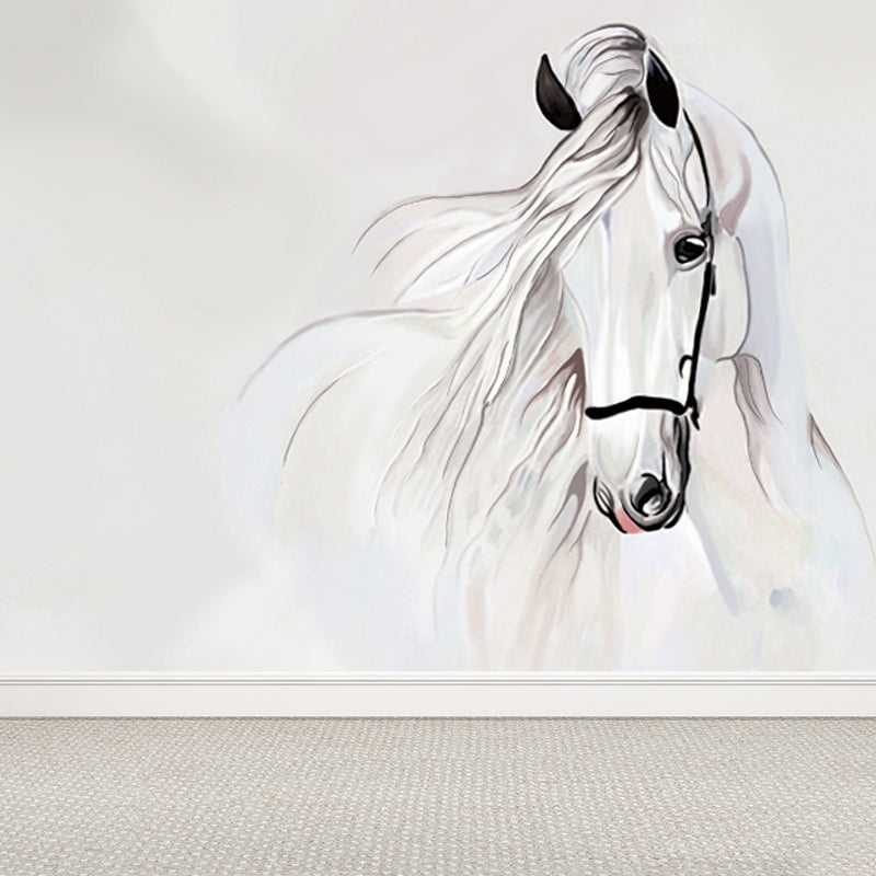 White Horse Head Wall Mural Animal Modern Moisture Resistant Wall Decor for Bedroom