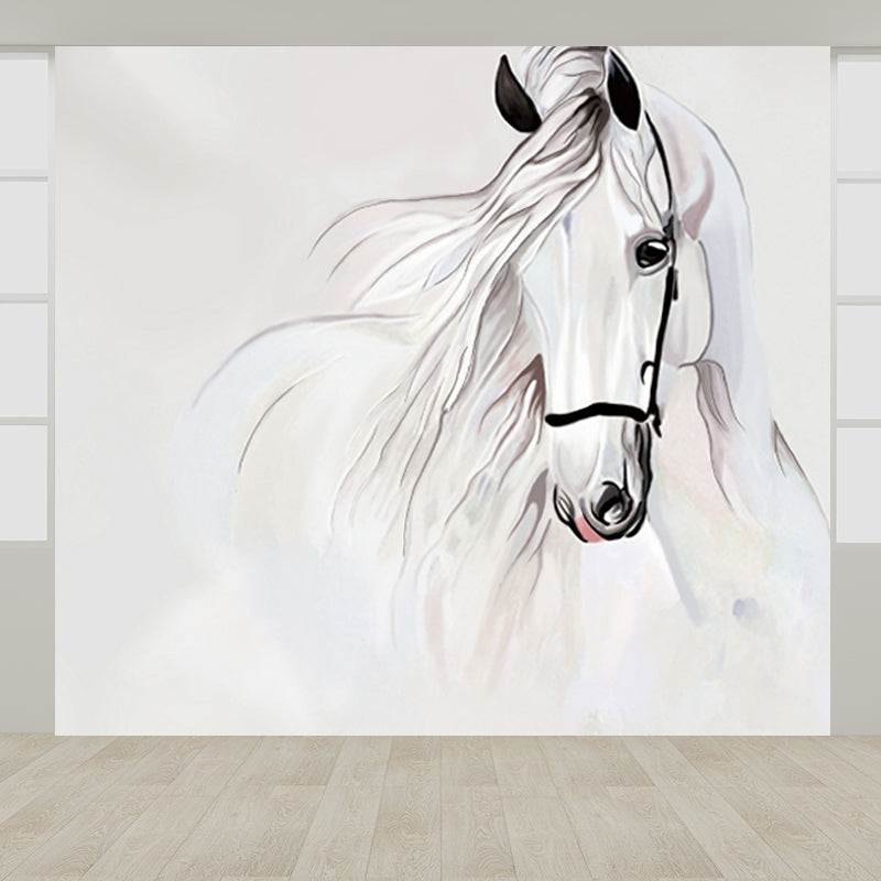 White Horse Head Wall Mural Animal Modern Moisture Resistant Wall Decor for Bedroom
