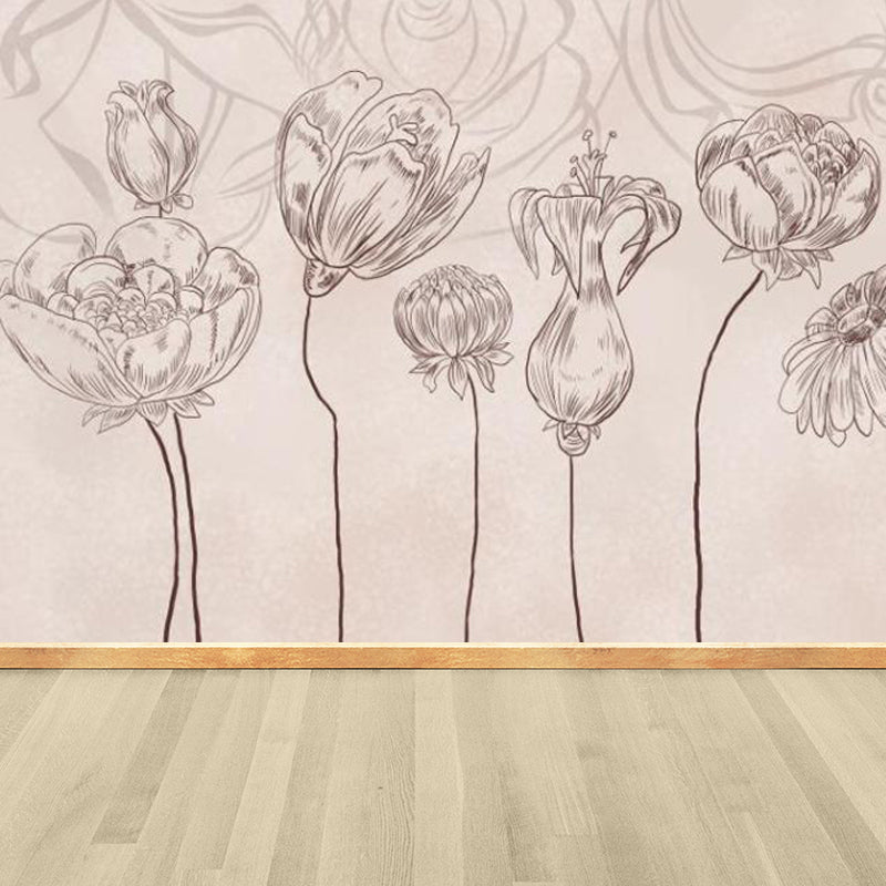 Pencil Drawing Flowers Wall Mural Pink Modern Style Walll Art for House Interior