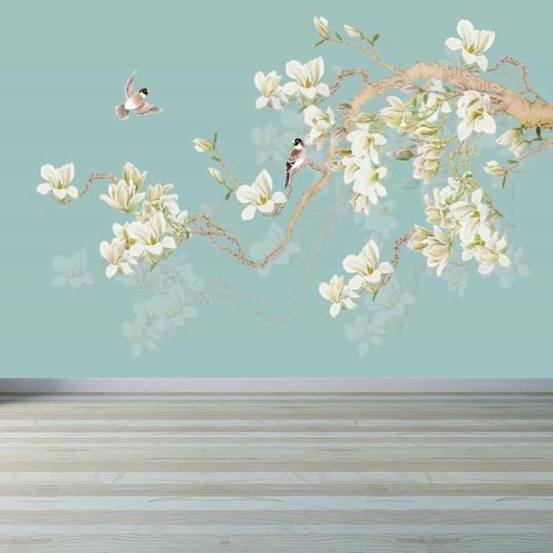 Whole Modern Mural Decal Blue Bird and Blooming Flowers Wall Decor, Made to Measure