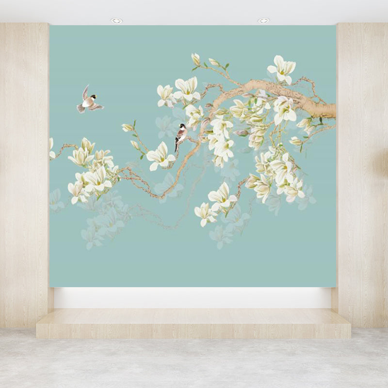 Whole Modern Mural Decal Blue Bird and Blooming Flowers Wall Decor, Made to Measure