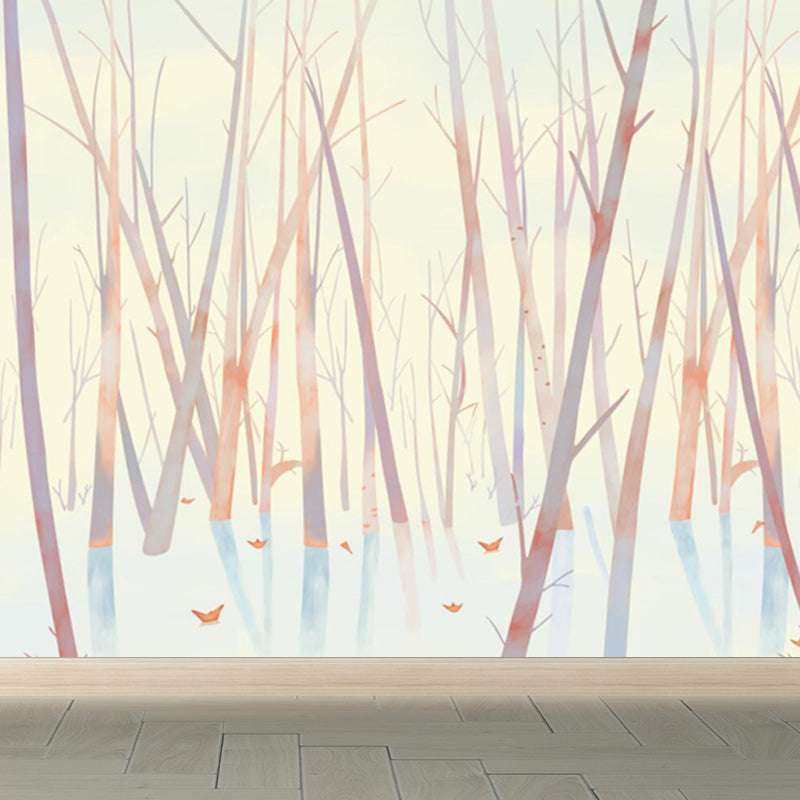 Huge Leafless Tree Mural Wallpaper Yellow Non-Woven Wall Art for Decor, Custom Size