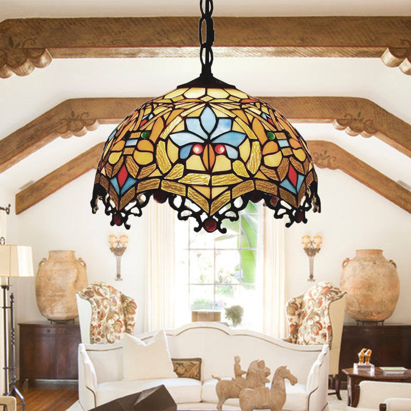 Victorian Style Hanging Lights for Dining Table, Stained Glass Domed Ceiling Fixture