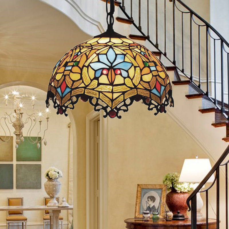 Victorian Style Hanging Lights for Dining Table, Stained Glass Domed Ceiling Fixture