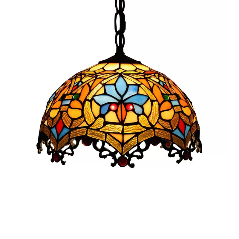 Victorian Style Hanging Lights for Dining Table, Stained Glass Domed Ceiling Fixture