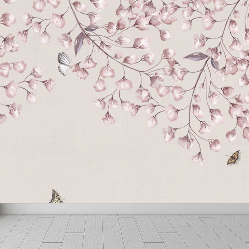 Light Color Flower Branch Mural Moisture Resistant Contemporary Bathroom Wall Art