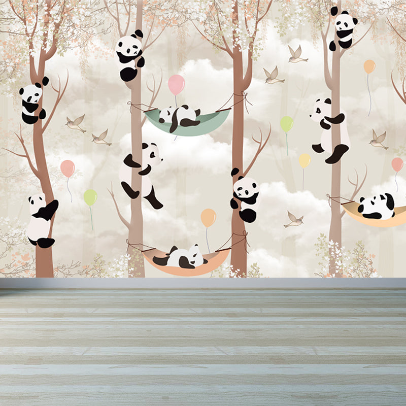 Whole Cartoon Mural Wallpaper Brown Panda Climbing Wall Decor, Personalized Size