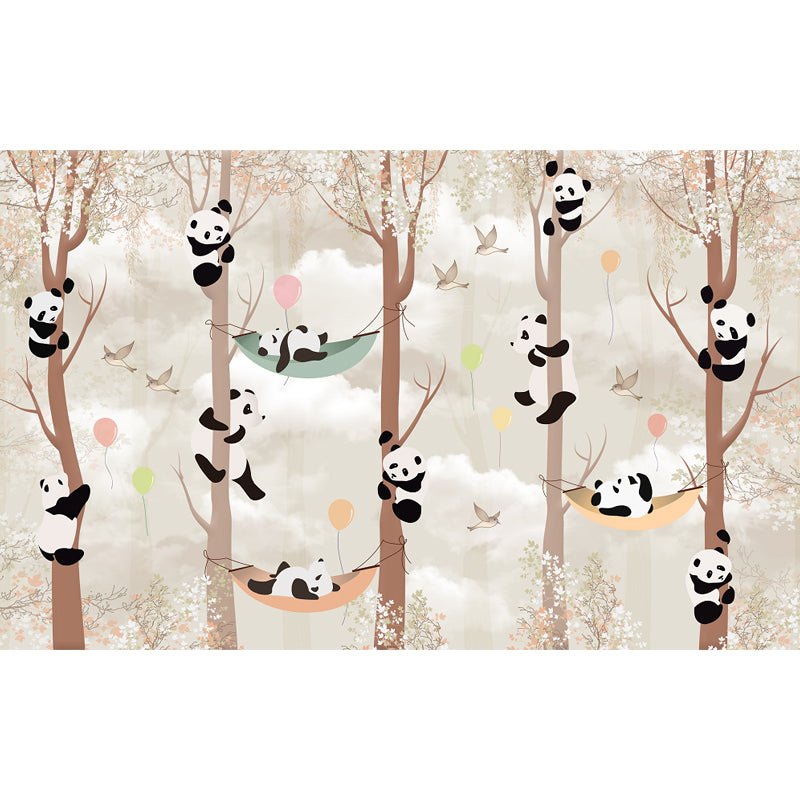 Whole Cartoon Mural Wallpaper Brown Panda Climbing Wall Decor, Personalized Size