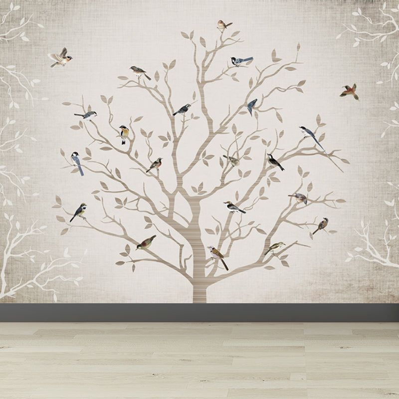 Non-Woven Whole Grey Mural Modern Bare Tree with Birds Wall Covering, Made to Measure