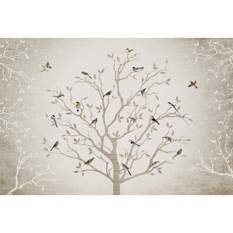 Non-Woven Whole Grey Mural Modern Bare Tree with Birds Wall Covering, Made to Measure