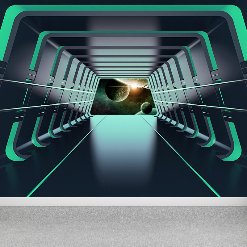 Futuristic Spaceship Hallway Mural Decal for Living Room Personalized Wall Art in Bright Color