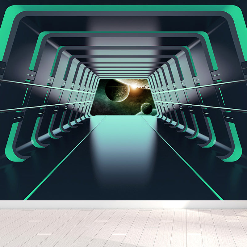 Futuristic Spaceship Hallway Mural Decal for Living Room Personalized Wall Art in Bright Color