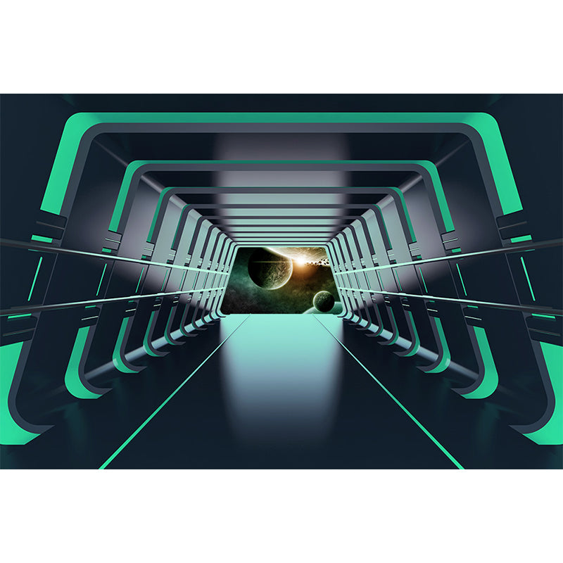 Futuristic Spaceship Hallway Mural Decal for Living Room Personalized Wall Art in Bright Color