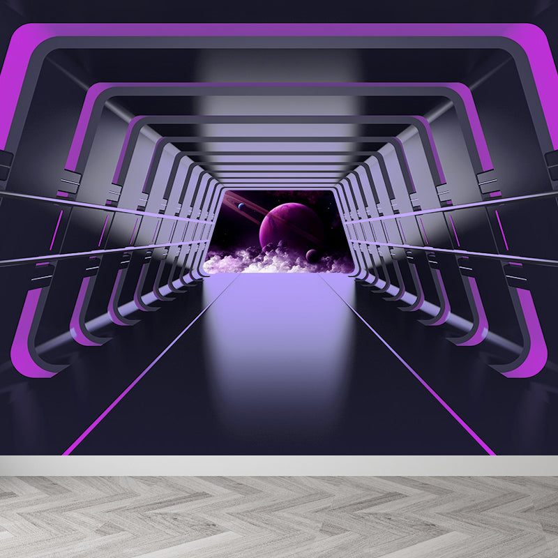 Futuristic Spaceship Hallway Mural Decal for Living Room Personalized Wall Art in Bright Color