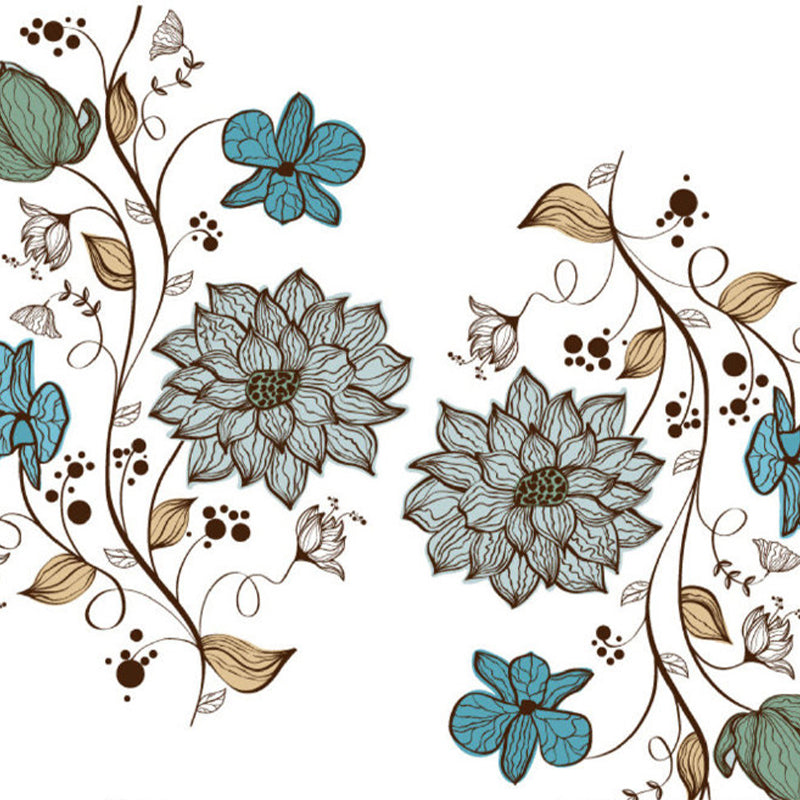 Contemporary Floral Print Mural Decal Blue Dining Room Wall Covering, Personalized