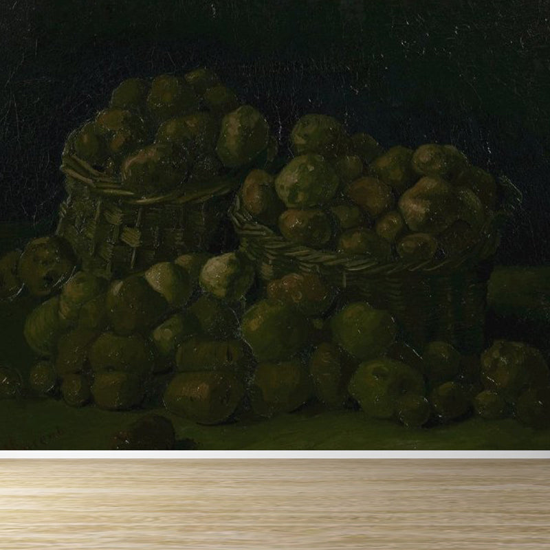 Modern Style Teenagers Mural Decal Plentiful Fruits and Baskets Black Wall Covering