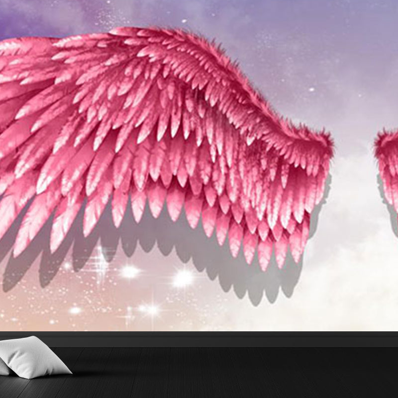 Pink Angel Wings Mural Decal Feather Trendy Waterproof Wall Covering for Girls Room