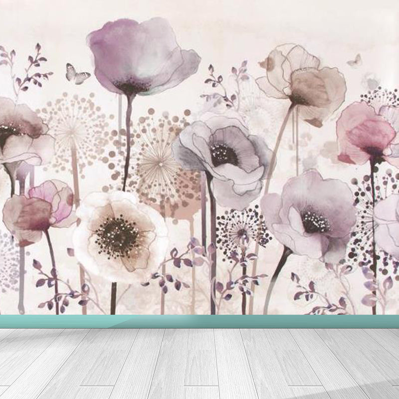 Full-Size Flowers Wallpaper Mural in Pink Non-Woven Wall Decor, Washable, Custom Size