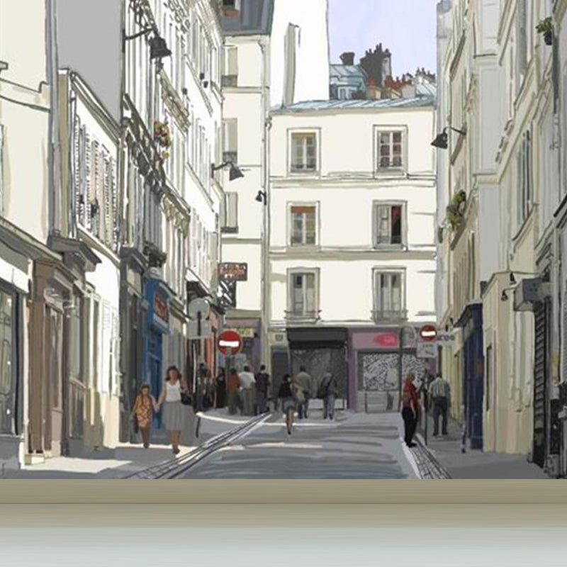 Modern City Street View Mural Non-Woven Waterproofing White Wall Decor for Bedroom