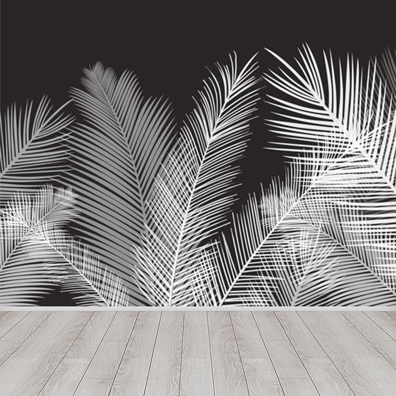 Areca Palm Leaves Mural Decal Tropix Non-Woven Cloth Wall Decor in White on Black