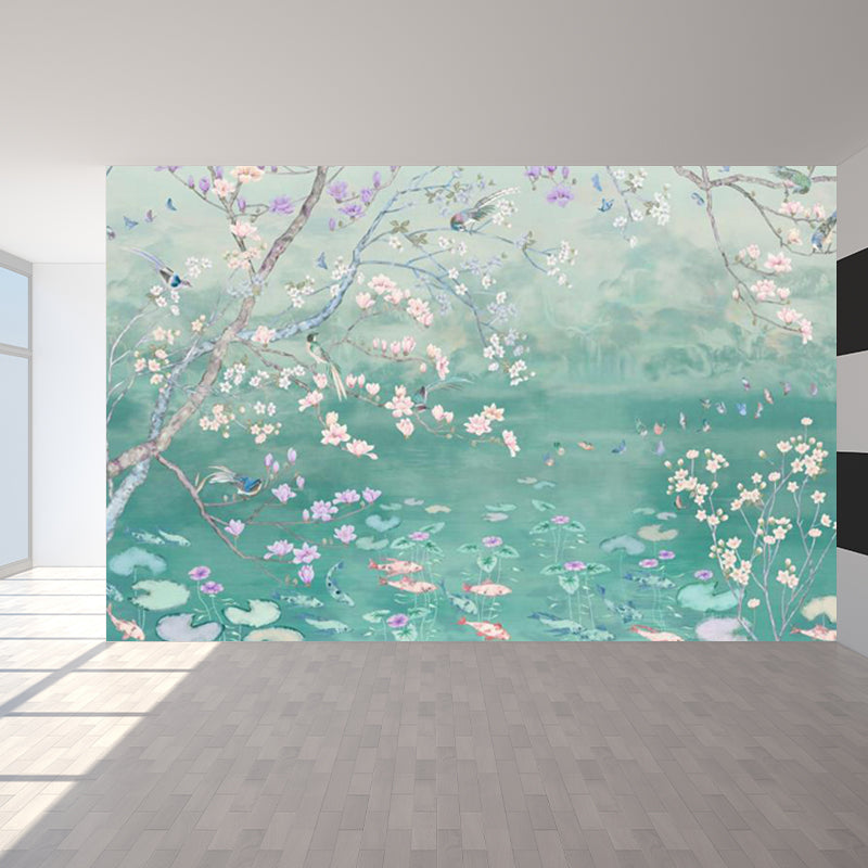 Spring Blossom Lotus Pond Mural Contemporary Waterproof Bedroom Wall Covering, Custom Made