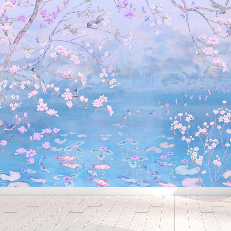 Spring Blossom Lotus Pond Mural Contemporary Waterproof Bedroom Wall Covering, Custom Made