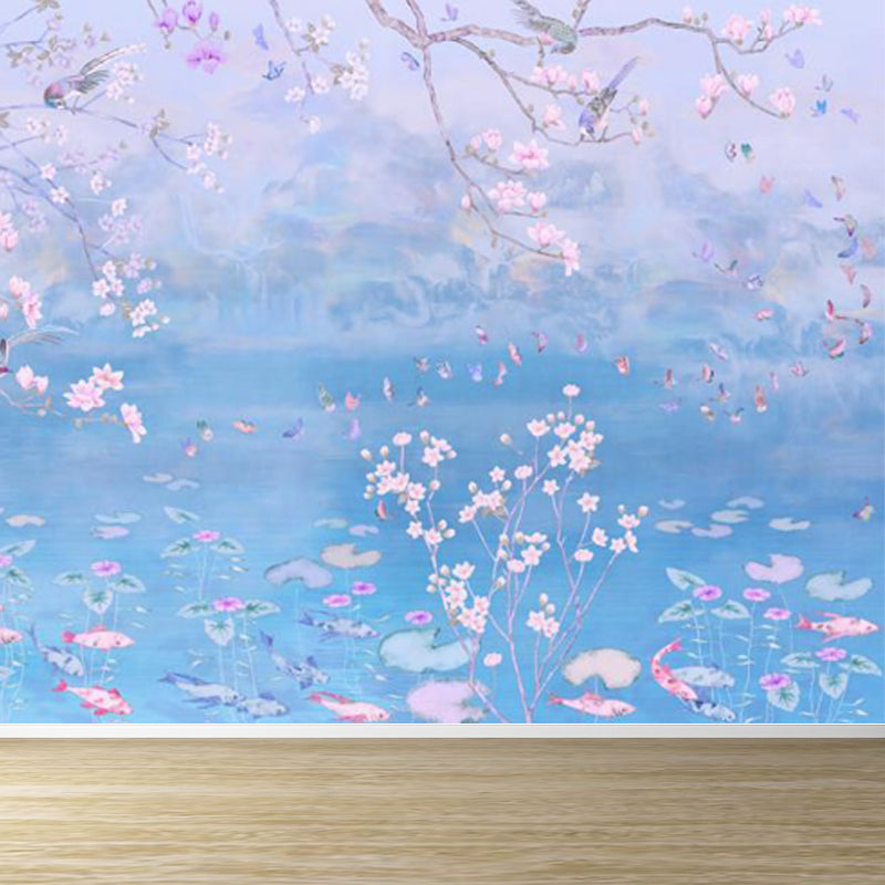 Spring Blossom Lotus Pond Mural Contemporary Waterproof Bedroom Wall Covering, Custom Made