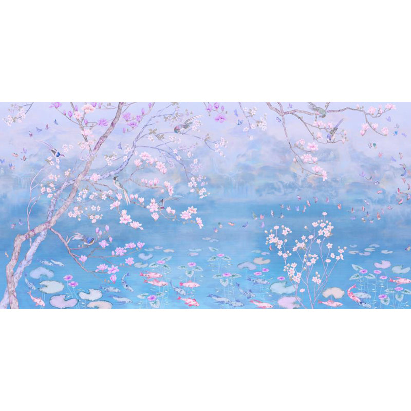Spring Blossom Lotus Pond Mural Contemporary Waterproof Bedroom Wall Covering, Custom Made