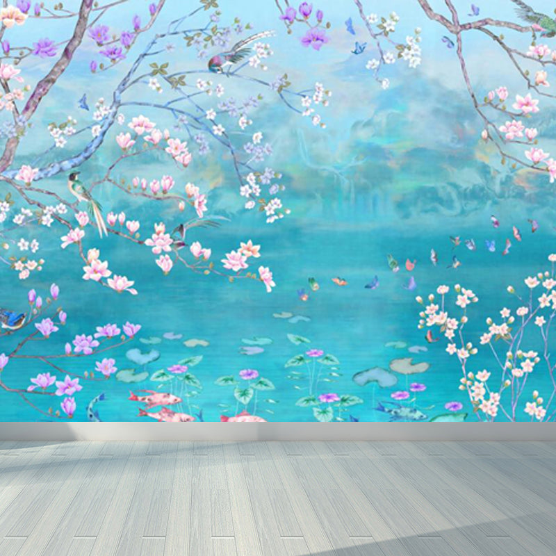 Spring Blossom Lotus Pond Mural Contemporary Waterproof Bedroom Wall Covering, Custom Made