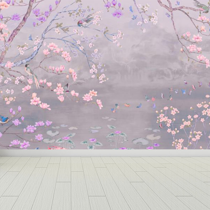 Spring Blossom Lotus Pond Mural Contemporary Waterproof Bedroom Wall Covering, Custom Made