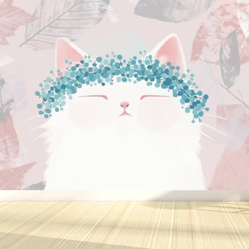 Kawaii Kitten with Wreath Mural for Girls Bedroom Animal Wall Covering, Customized