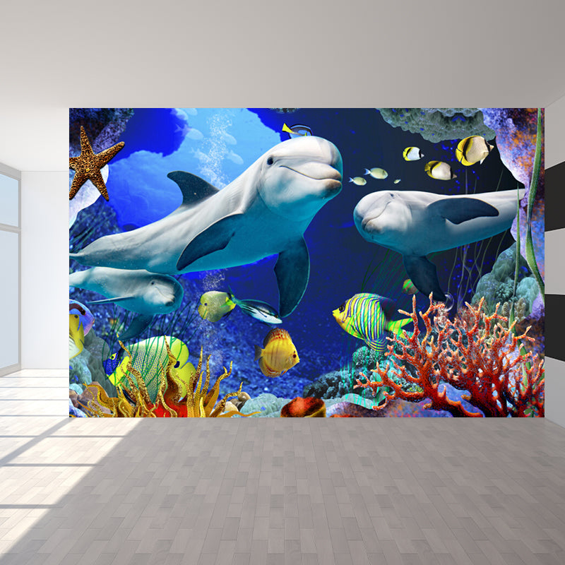 Undersea World Scene Mural Decal Children's Art Non-Woven Textured Wall Decor in Blue