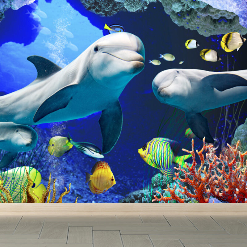 Undersea World Scene Mural Decal Children's Art Non-Woven Textured Wall Decor in Blue