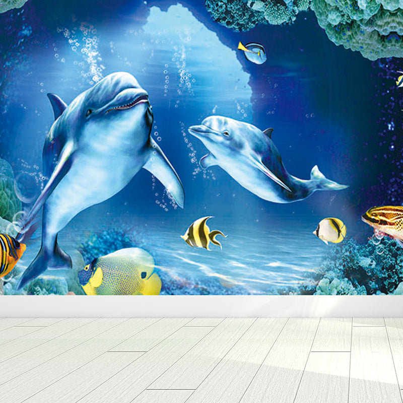 Undersea World Scene Mural Decal Children's Art Non-Woven Textured Wall Decor in Blue