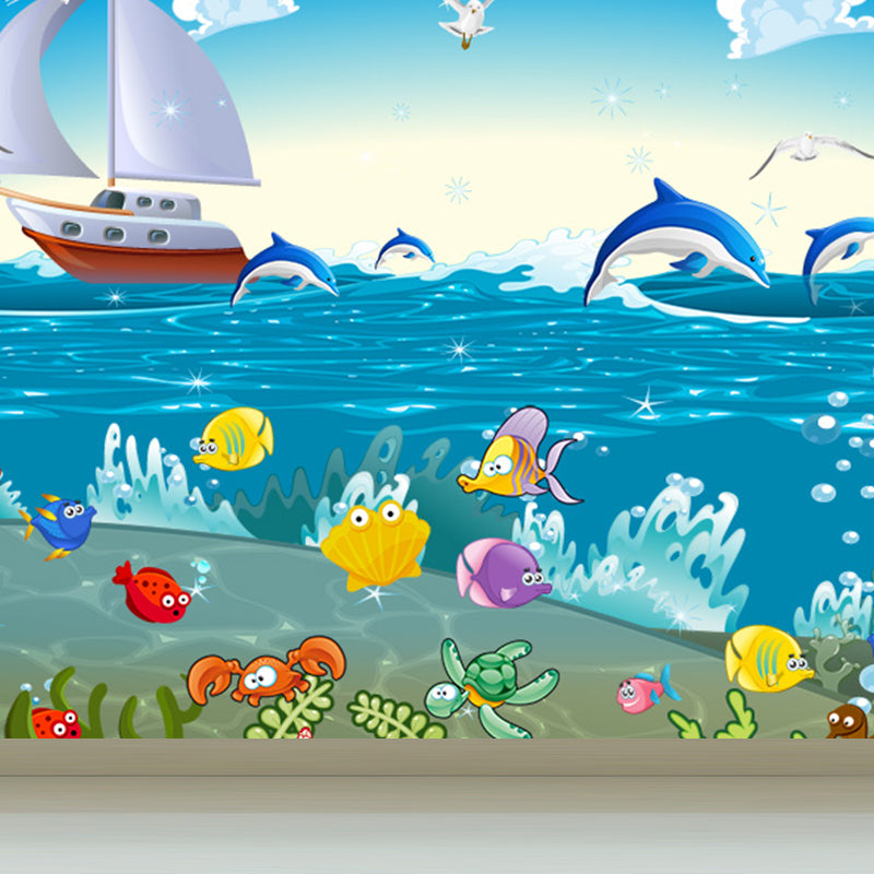 Blue Ocean Animals Wall Mural Nautical Cartoon Waterproofing Wall Art for Baby Room