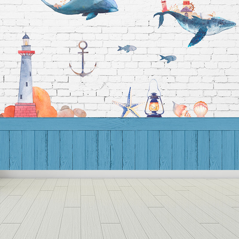 Blue Ocean Animals Wall Mural Nautical Cartoon Waterproofing Wall Art for Baby Room