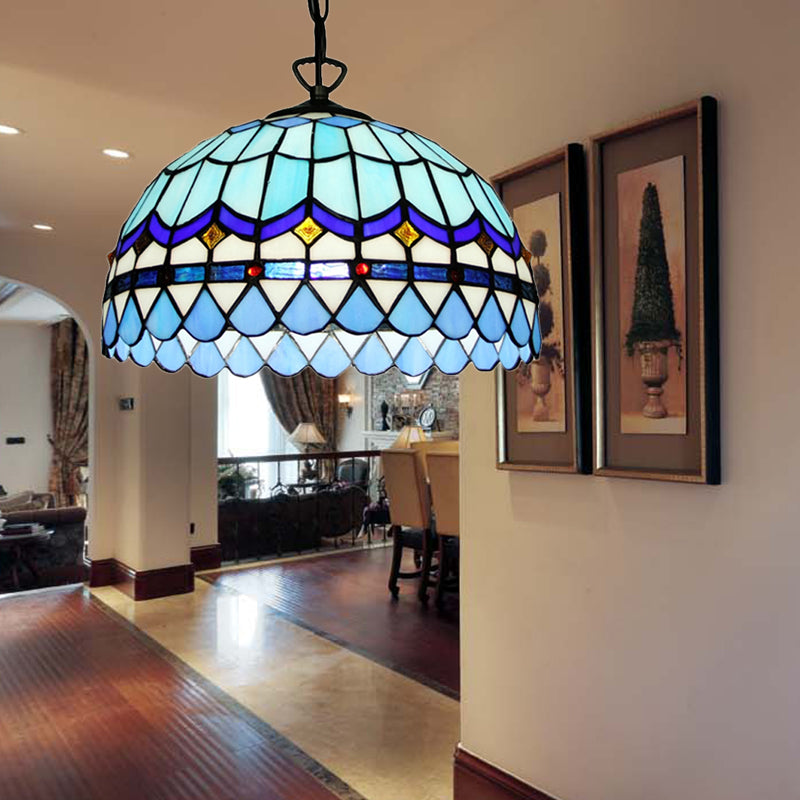 Hanging Lights for Dining Table, Floral Shade Pendant Ceiling Lamp in Blue with Art Glass Shade Tiffany Style