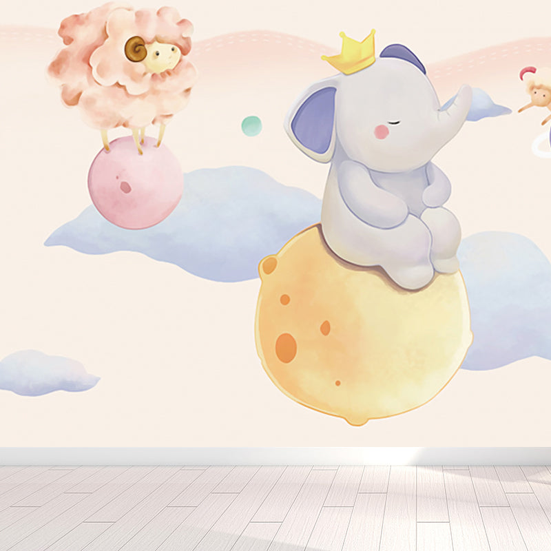 Yellow Cartoon Wallpaper Mural Full Size Floating Animals Wall Decor for Bedroom