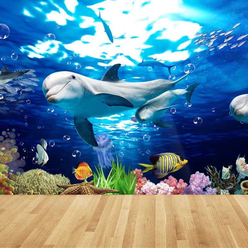 Kids Undersea World Mural Wallpaper Blue Aquarium Wall Covering for Child Bedroom