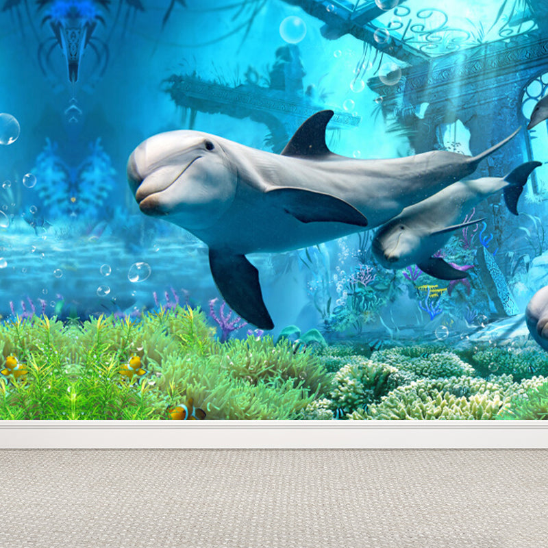 Kids Undersea World Mural Wallpaper Blue Aquarium Wall Covering for Child Bedroom