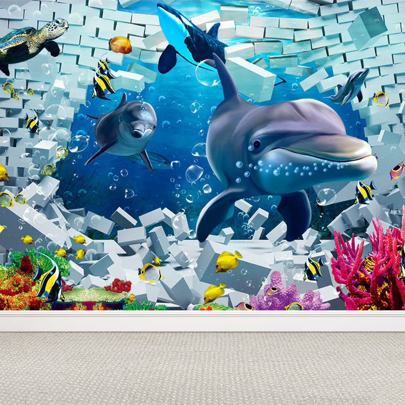 Kids Undersea World Mural Wallpaper Blue Aquarium Wall Covering for Child Bedroom