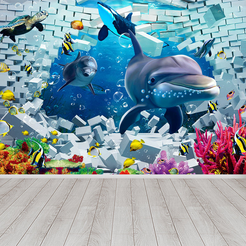 Kids Undersea World Mural Wallpaper Blue Aquarium Wall Covering for Child Bedroom